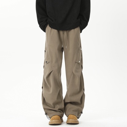 美式高街 秋冬重磅加厚工裝褲 褶皺闊腿褲