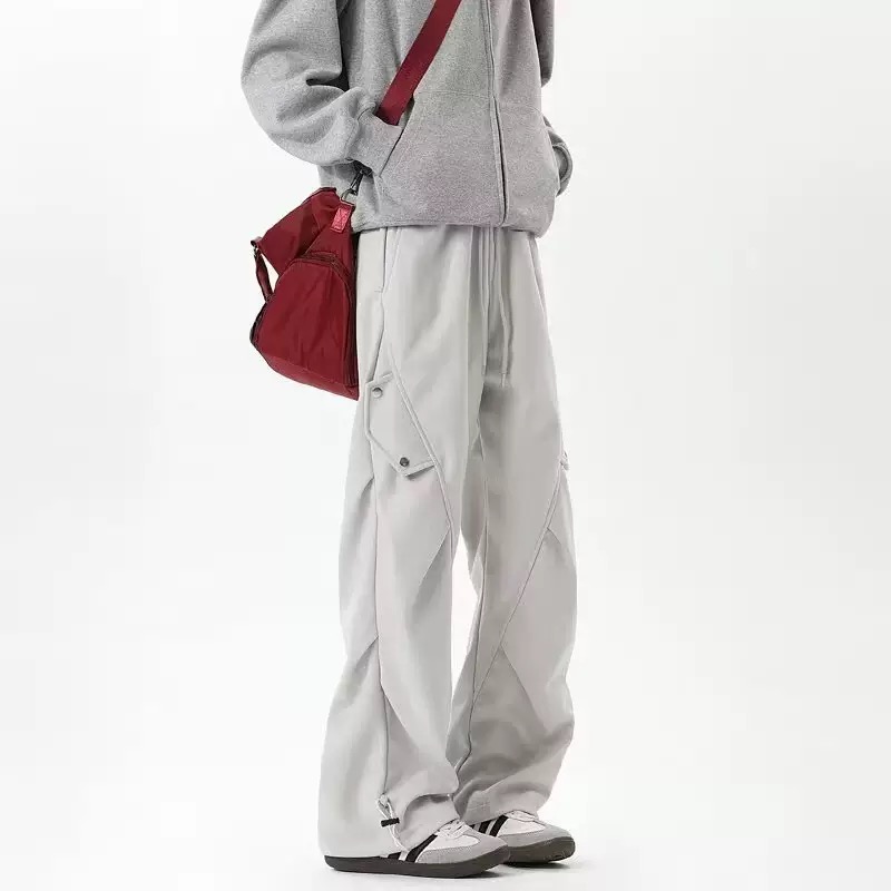 美式高街 秋冬重磅加厚工裝褲 褶皺闊腿褲