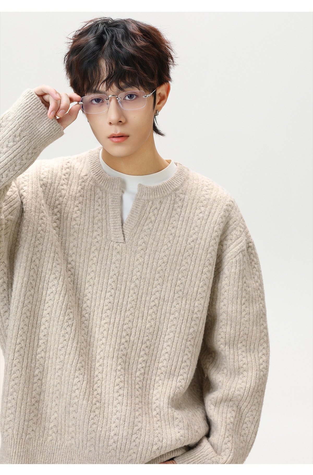 復古套頭毛衣 肌理小V領毛衣 針織衫｜不含內襯衫