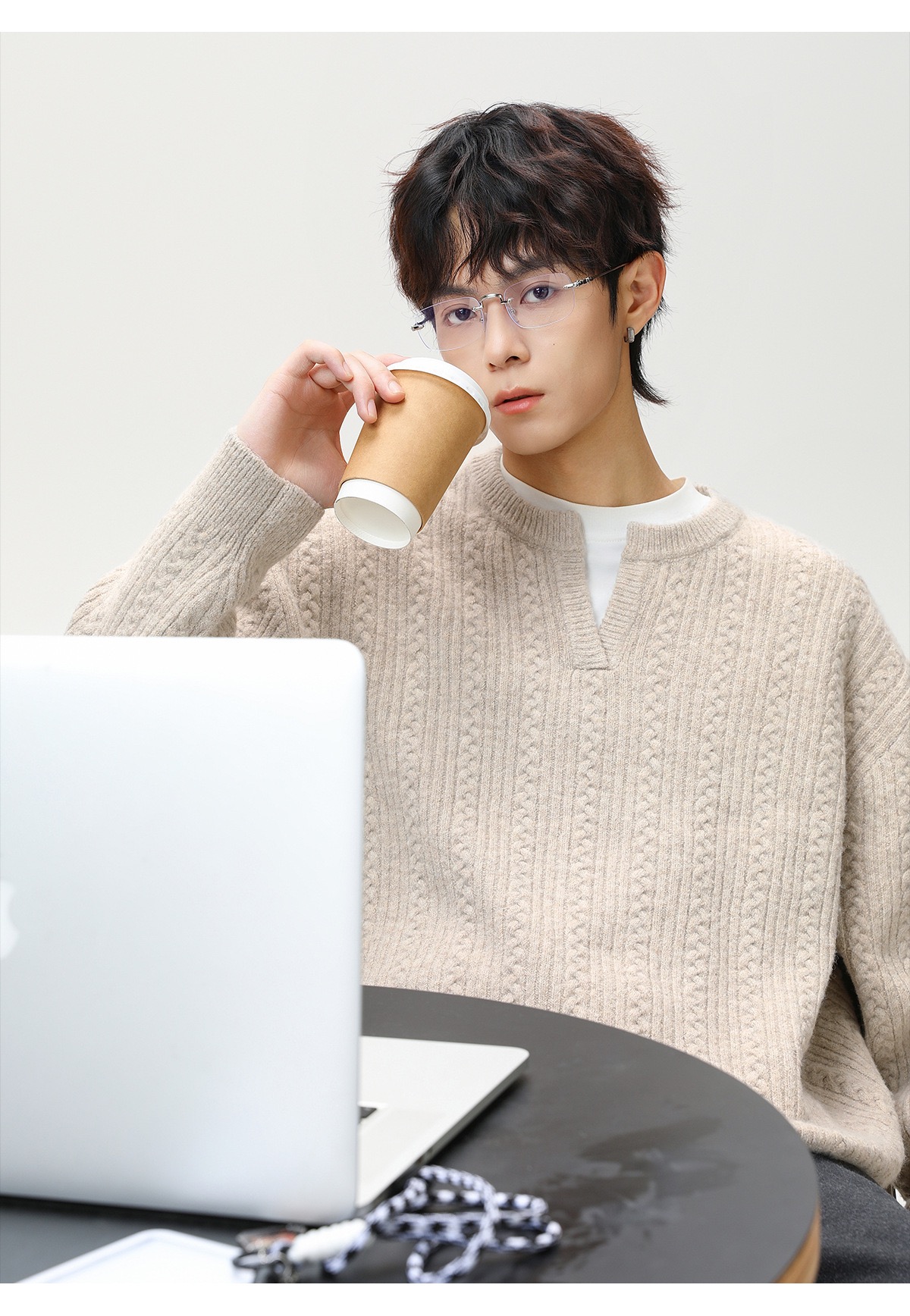 復古套頭毛衣 肌理小V領毛衣 針織衫｜不含內襯衫