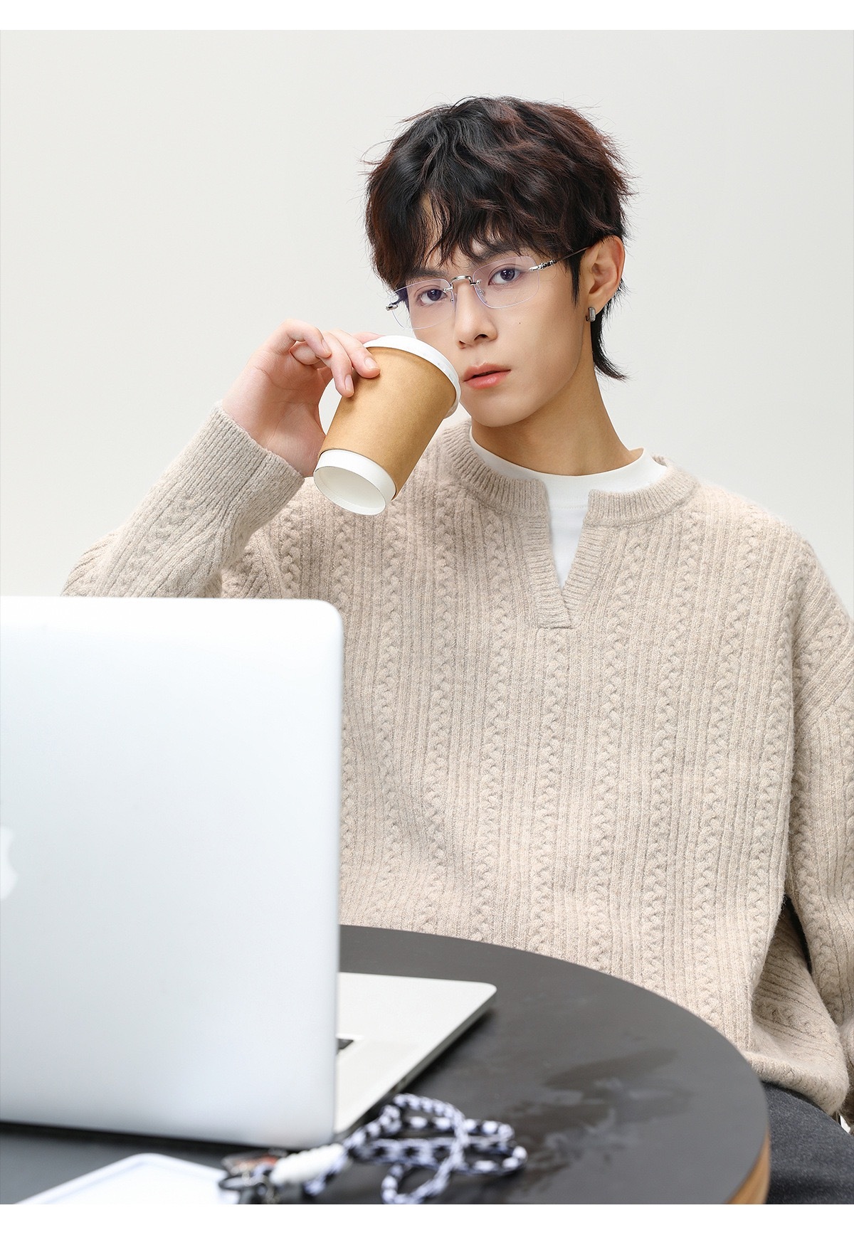 復古套頭毛衣 肌理小V領毛衣 針織衫｜不含內襯衫