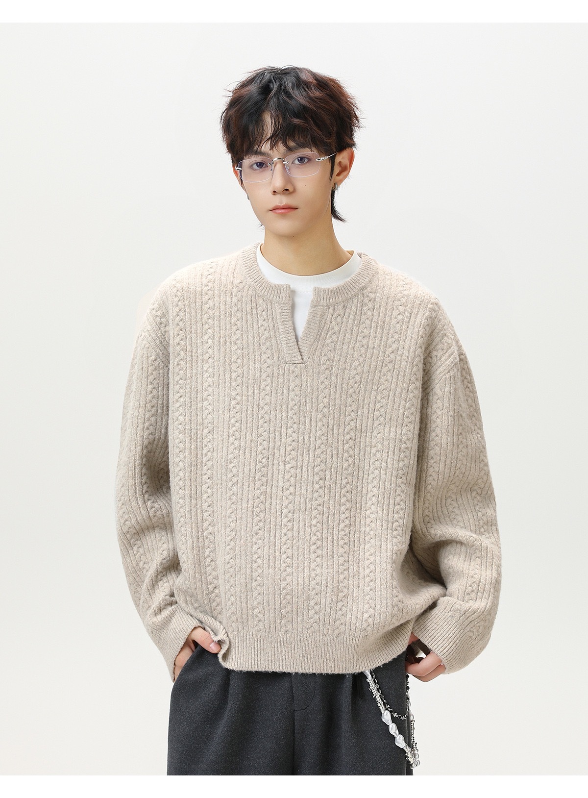 復古套頭毛衣 肌理小V領毛衣 針織衫｜不含內襯衫