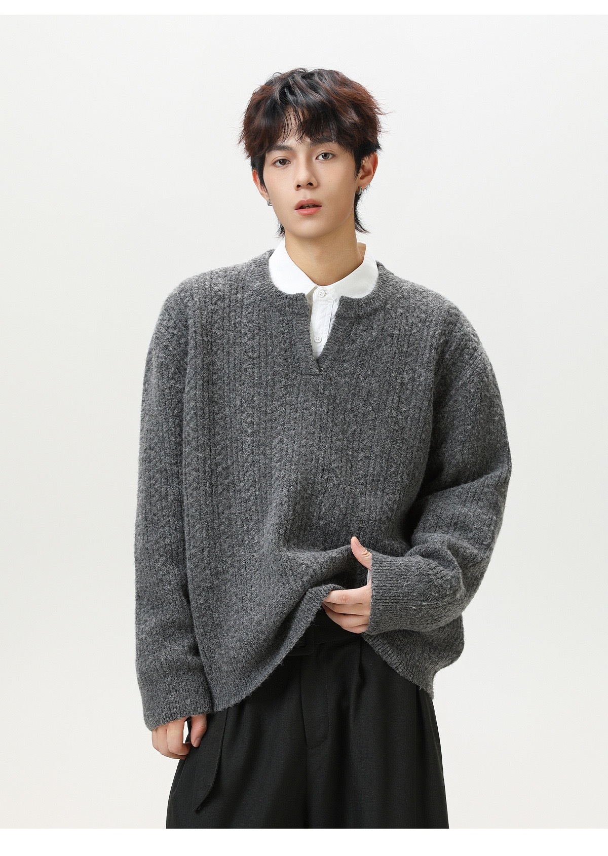 復古套頭毛衣 肌理小V領毛衣 針織衫｜不含內襯衫