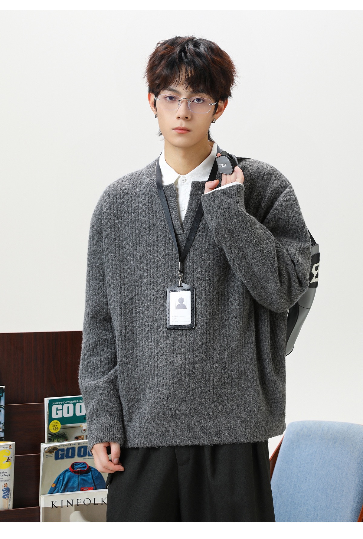 復古套頭毛衣 肌理小V領毛衣 針織衫｜不含內襯衫