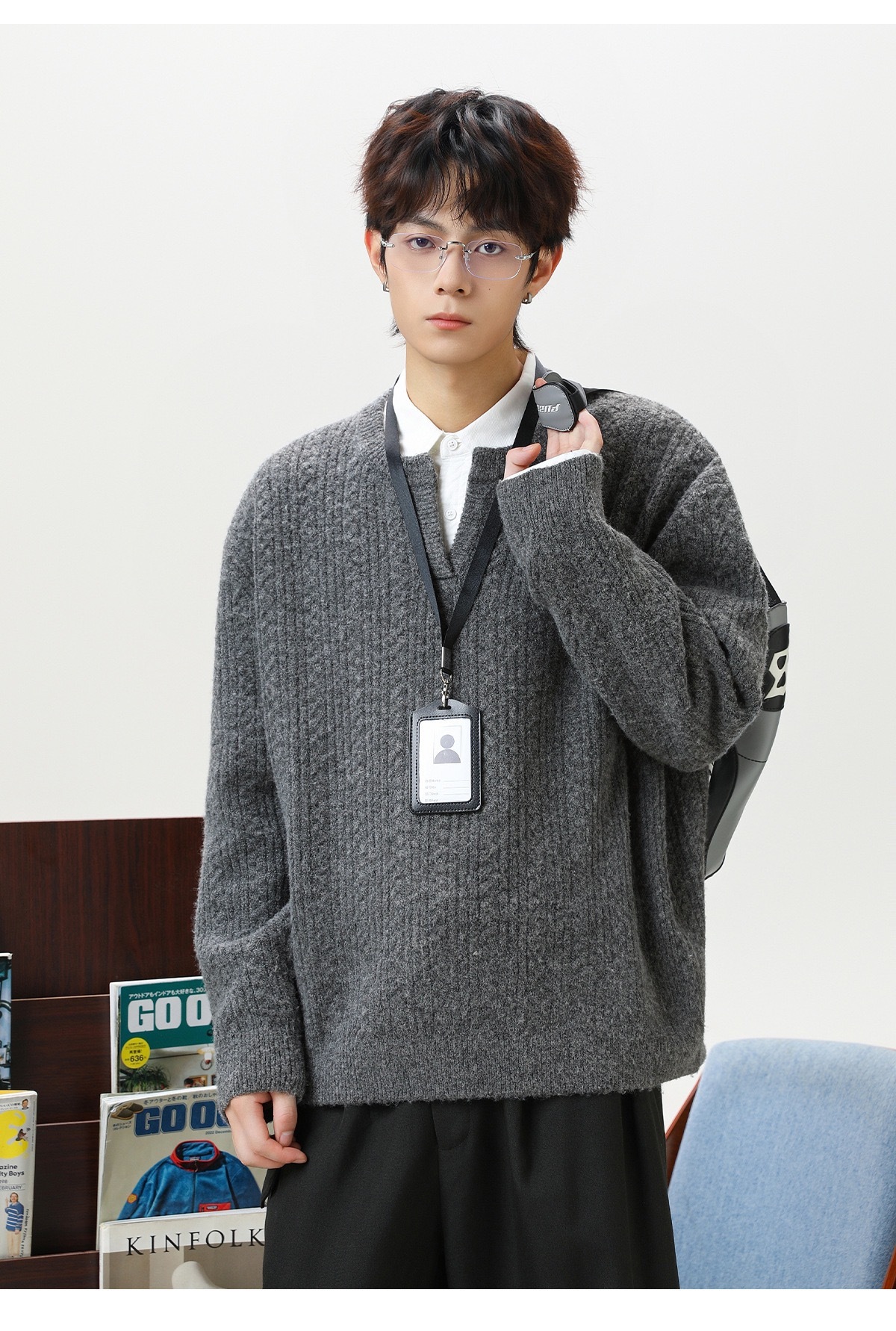 復古套頭毛衣 肌理小V領毛衣 針織衫｜不含內襯衫