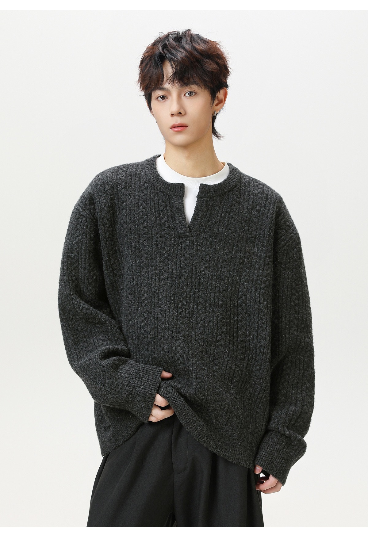 復古套頭毛衣 肌理小V領毛衣 針織衫｜不含內襯衫