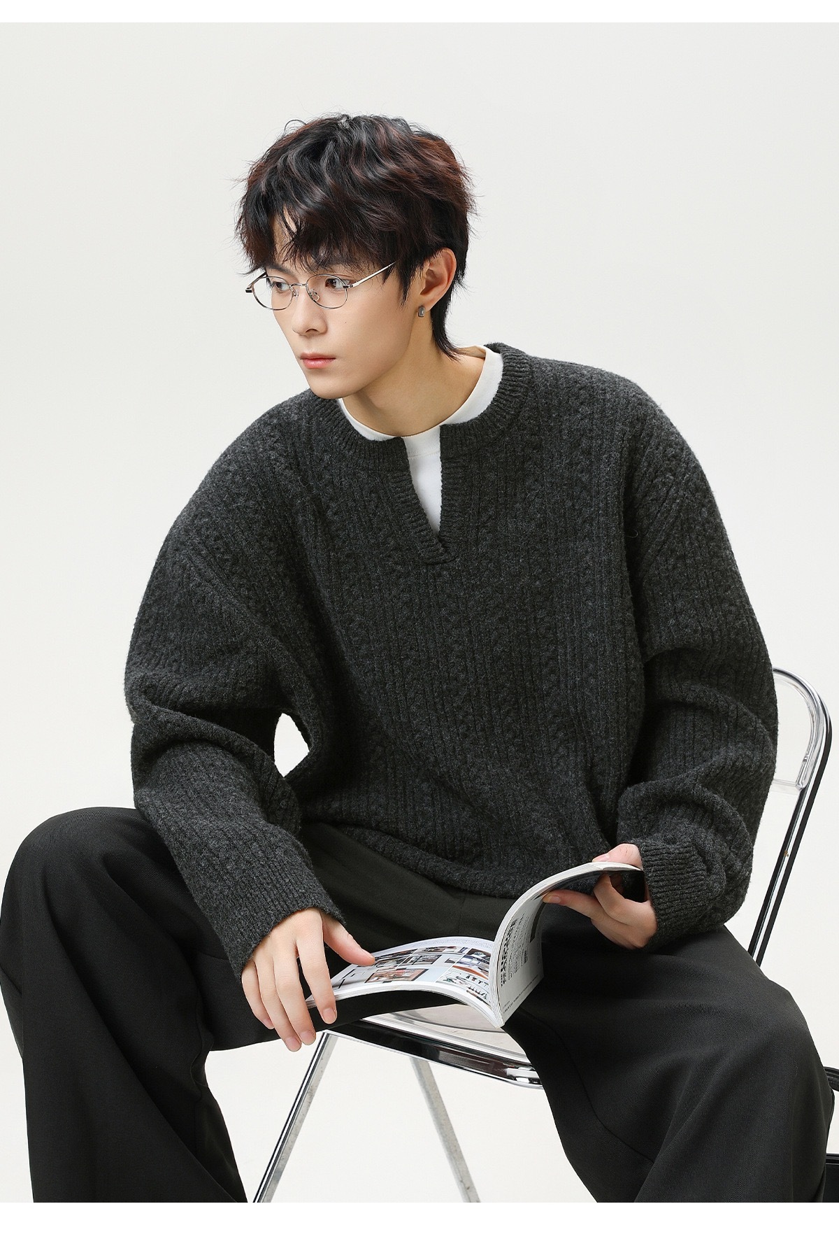 復古套頭毛衣 肌理小V領毛衣 針織衫｜不含內襯衫