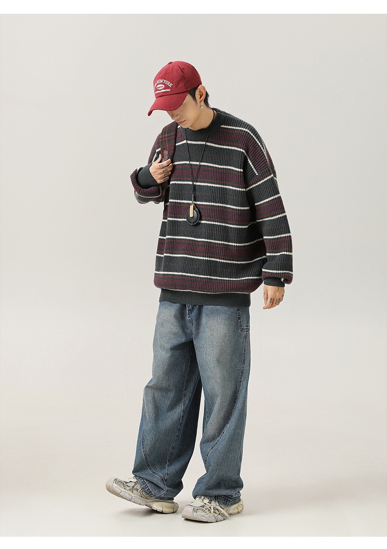 復古撞色 條紋圓領針織毛衣 慵懶風