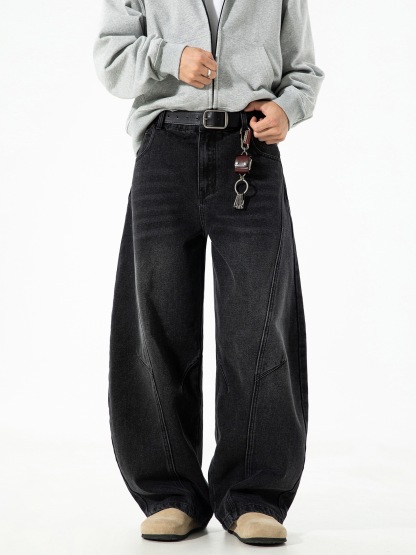 限量｜分割結構 復古水洗 彎刀牛仔褲 寬鬆直筒｜拉鍊開襟