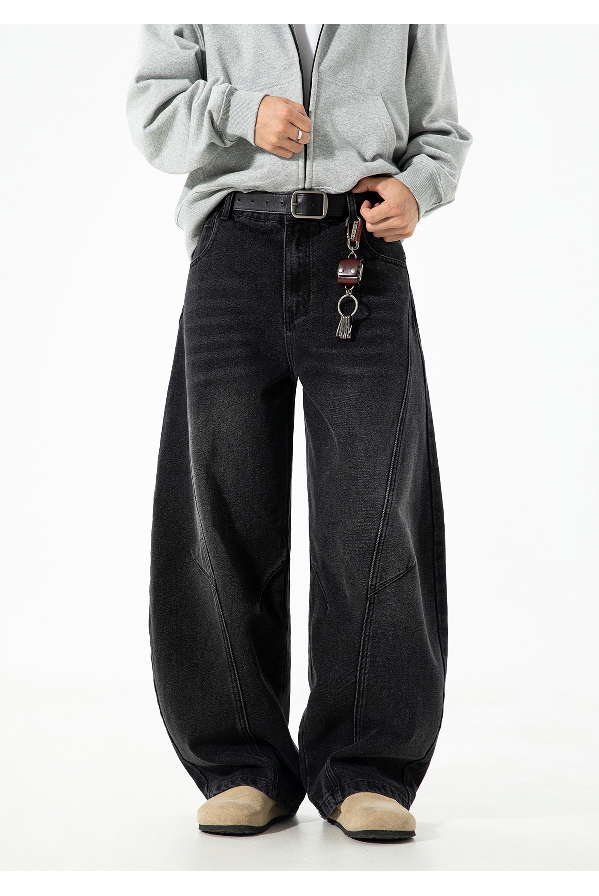 限量｜分割結構 復古水洗 彎刀牛仔褲 寬鬆直筒｜拉鍊開襟