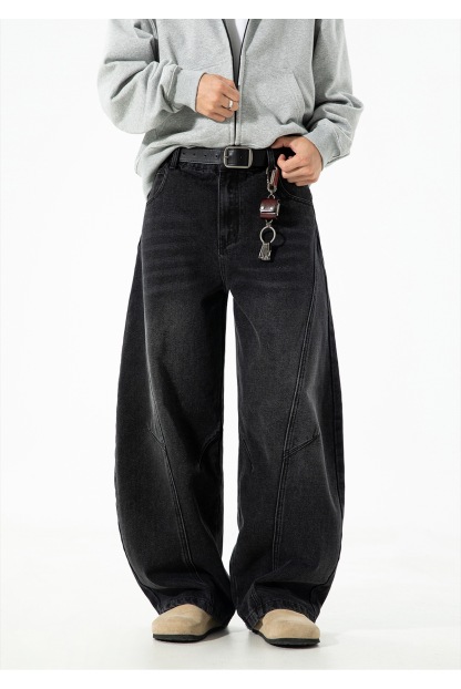 限量｜分割結構 復古水洗 彎刀牛仔褲 寬鬆直筒｜拉鍊開襟