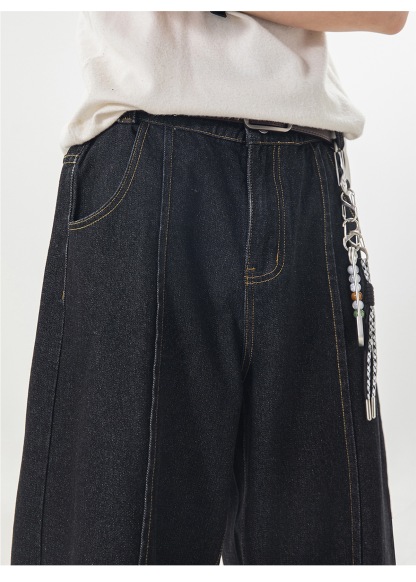 復古水洗牛仔褲 星星刺繡 直筒寬鬆牛仔褲｜前鈕扣 後鬆緊腰設計