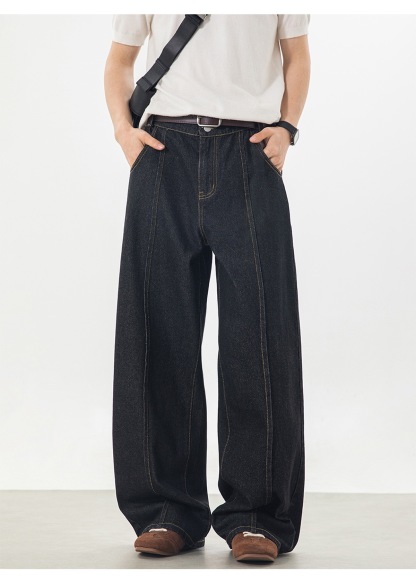 復古水洗牛仔褲 星星刺繡 直筒寬鬆牛仔褲｜前鈕扣 後鬆緊腰設計