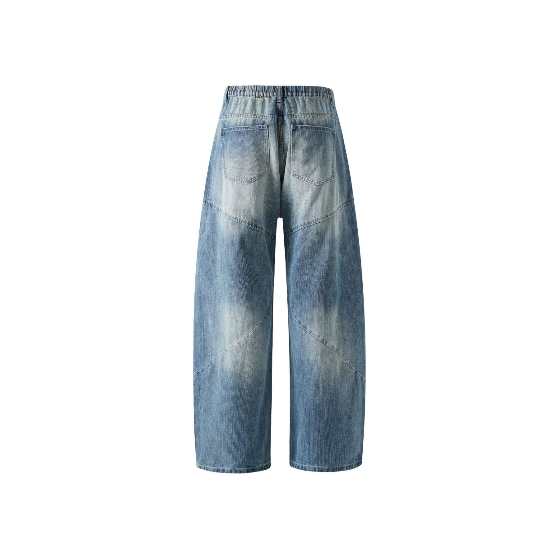 痞帥街頭風 竹節拼接牛仔褲 水洗舊復古藍 寬鬆直通｜後腰鬆緊