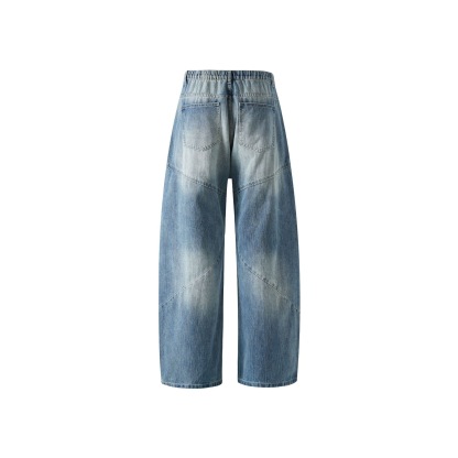 痞帥街頭風 竹節拼接牛仔褲 水洗舊復古藍 寬鬆直通｜後腰鬆緊