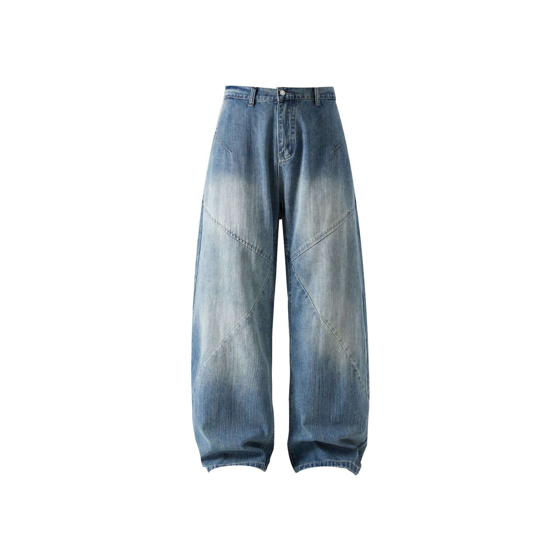 痞帥街頭風 竹節拼接牛仔褲 水洗舊復古藍 寬鬆直通｜後腰鬆緊