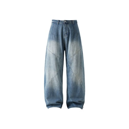 痞帥街頭風 竹節拼接牛仔褲 水洗舊復古藍 寬鬆直通｜後腰鬆緊