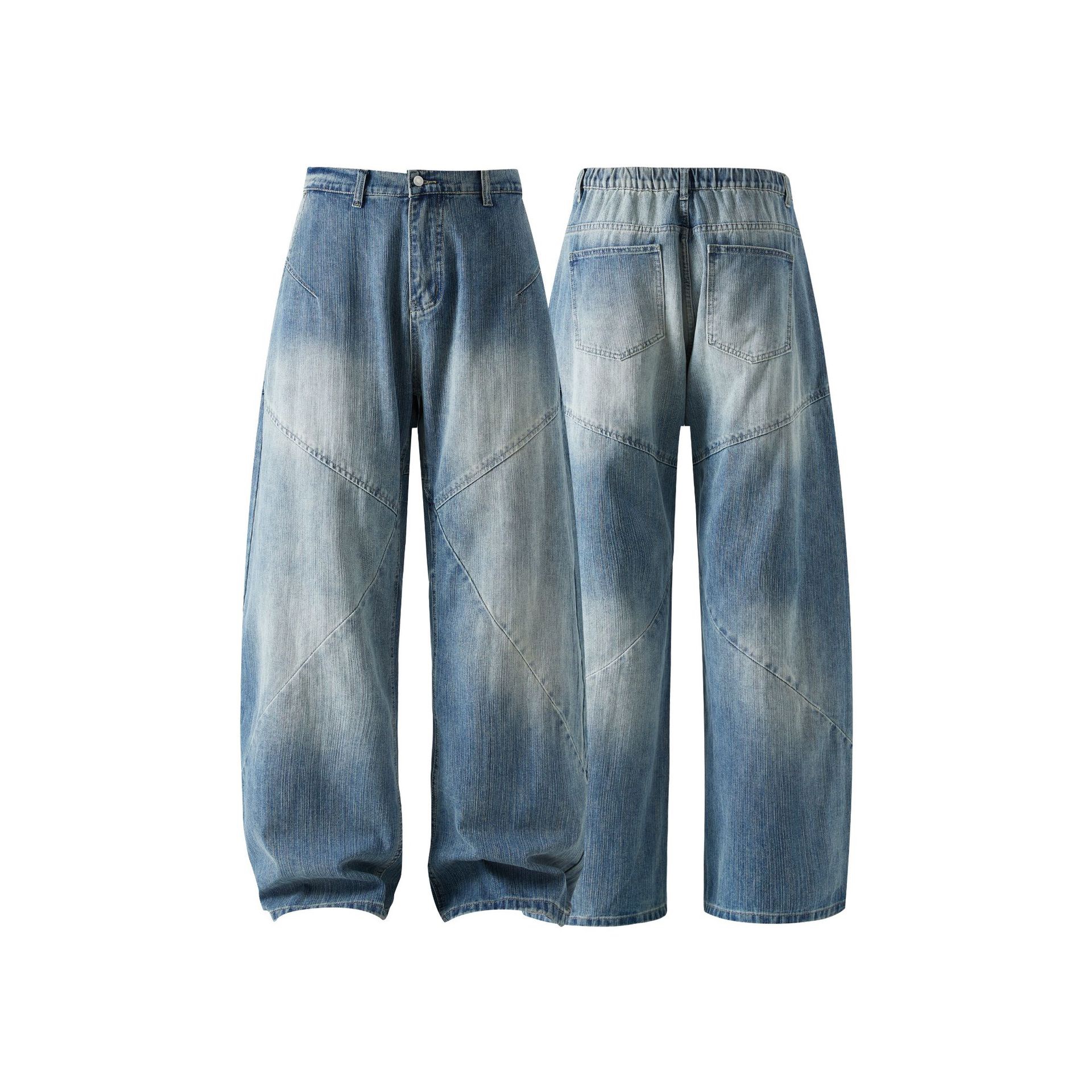 痞帥街頭風 竹節拼接牛仔褲 水洗舊復古藍 寬鬆直通｜後腰鬆緊