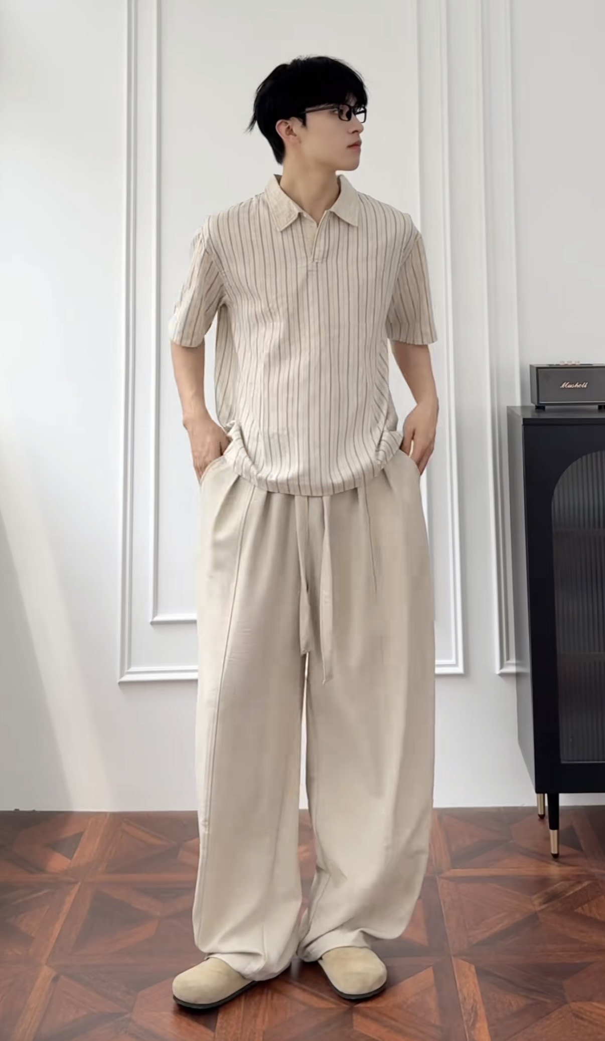 HT 日系棉麻彎刀褲 寬鬆闊腿 拼接褶皺設計 老錢風 鬆緊腰長褲
