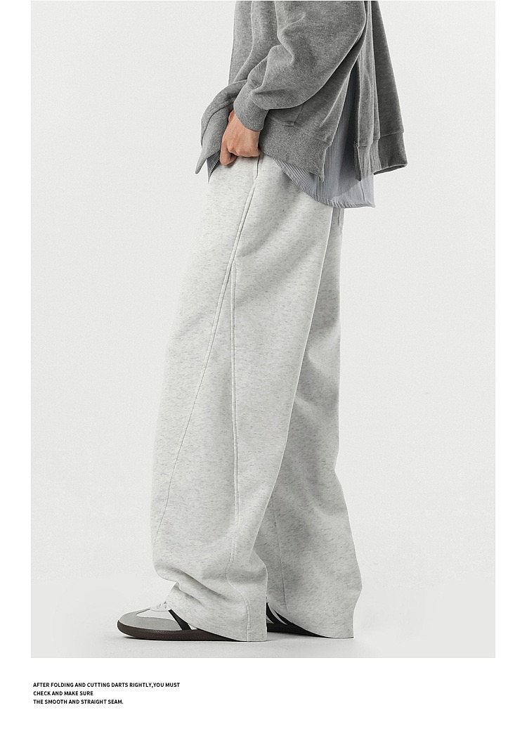 美式 彎刀衛褲寬鬆直筒褲 拼接垂順 純棉休閒｜鬆緊腰