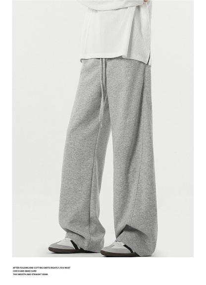 美式 彎刀衛褲寬鬆直筒褲 拼接垂順 純棉休閒｜鬆緊腰