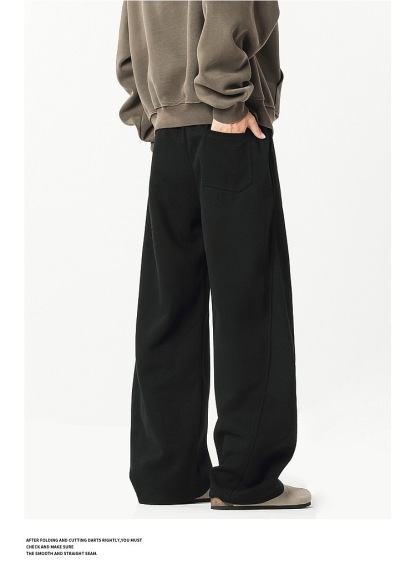 美式 彎刀衛褲寬鬆直筒褲 拼接垂順 純棉休閒｜鬆緊腰