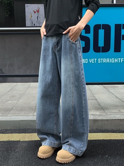 痞帥街頭風 復古彎刀牛仔褲 寬鬆直筒 ｜前鈕扣後腰鬆緊