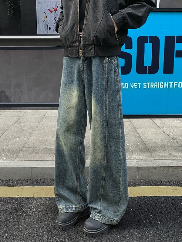 痞帥街頭風 復古彎刀牛仔褲 寬鬆直筒 ｜前鈕扣後腰鬆緊