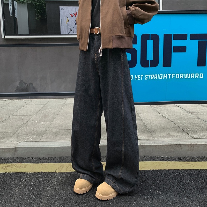 痞帥街頭風 復古彎刀牛仔褲 寬鬆直筒 ｜前鈕扣後腰鬆緊