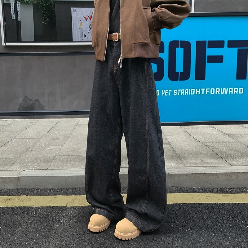 痞帥街頭風 復古彎刀牛仔褲 寬鬆直筒 ｜前鈕扣後腰鬆緊