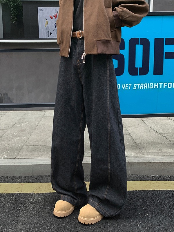 痞帥街頭風 復古彎刀牛仔褲 寬鬆直筒 ｜前鈕扣後腰鬆緊