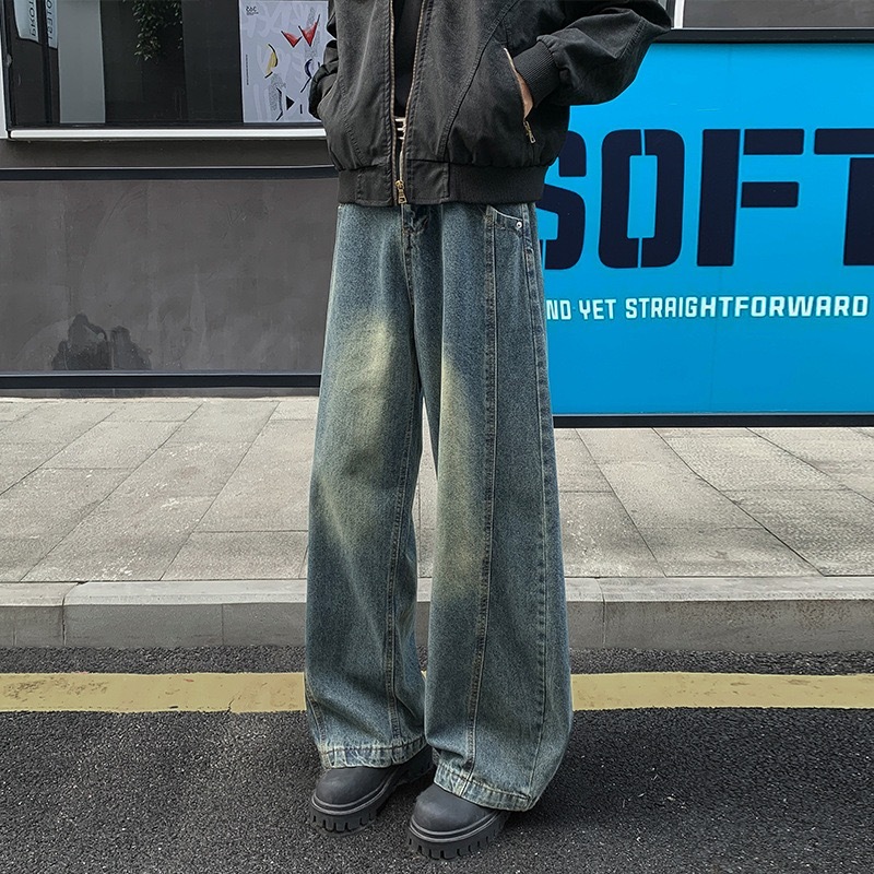 痞帥街頭風 復古彎刀牛仔褲 寬鬆直筒 ｜前鈕扣後腰鬆緊