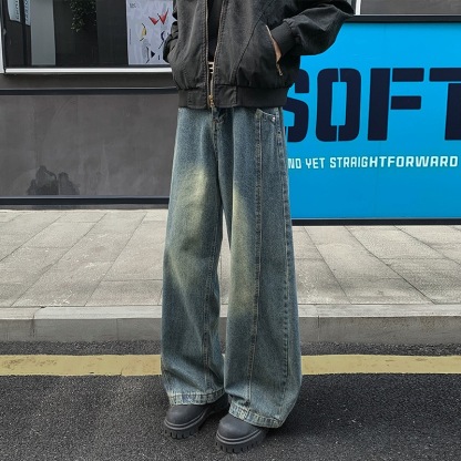 痞帥街頭風 復古彎刀牛仔褲 寬鬆直筒 ｜前鈕扣後腰鬆緊