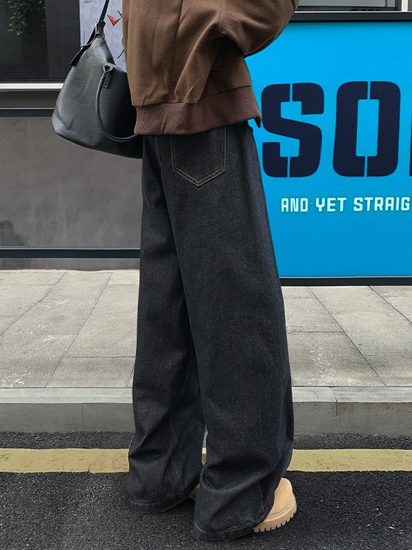 痞帥街頭風 復古彎刀牛仔褲 寬鬆直筒 ｜前鈕扣後腰鬆緊