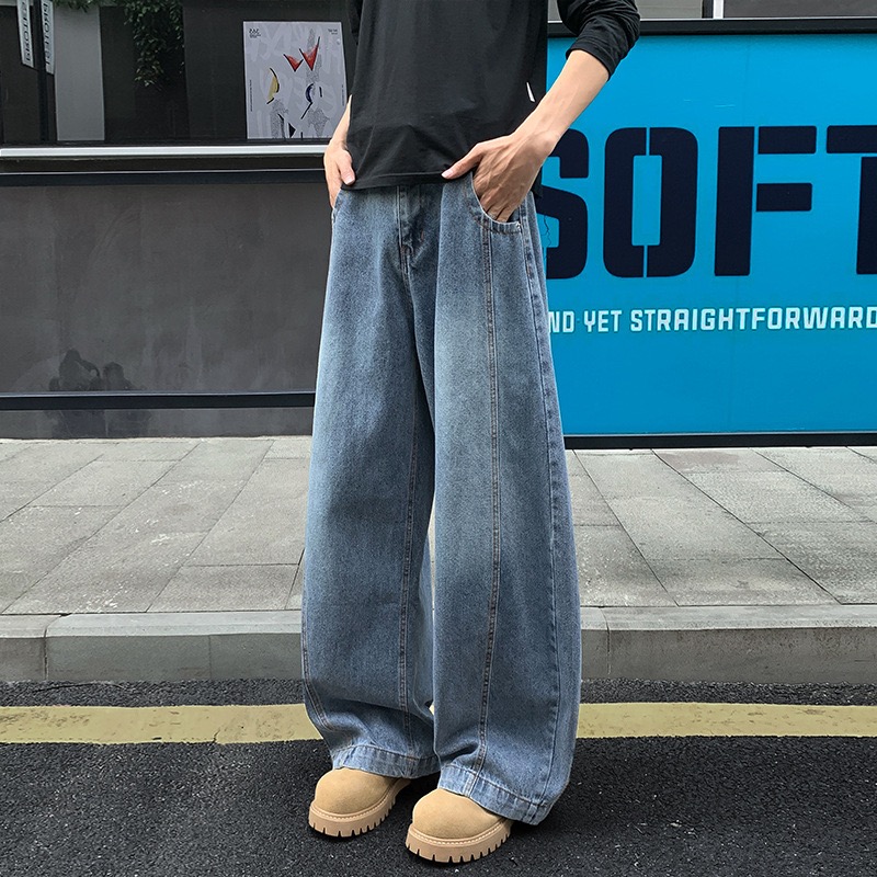 痞帥街頭風 復古彎刀牛仔褲 寬鬆直筒 ｜前鈕扣後腰鬆緊