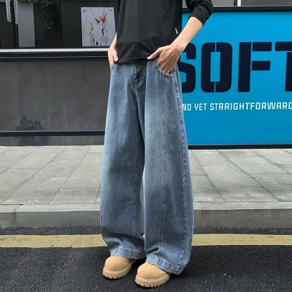 痞帥街頭風 復古彎刀牛仔褲 寬鬆直筒 ｜前鈕扣後腰鬆緊