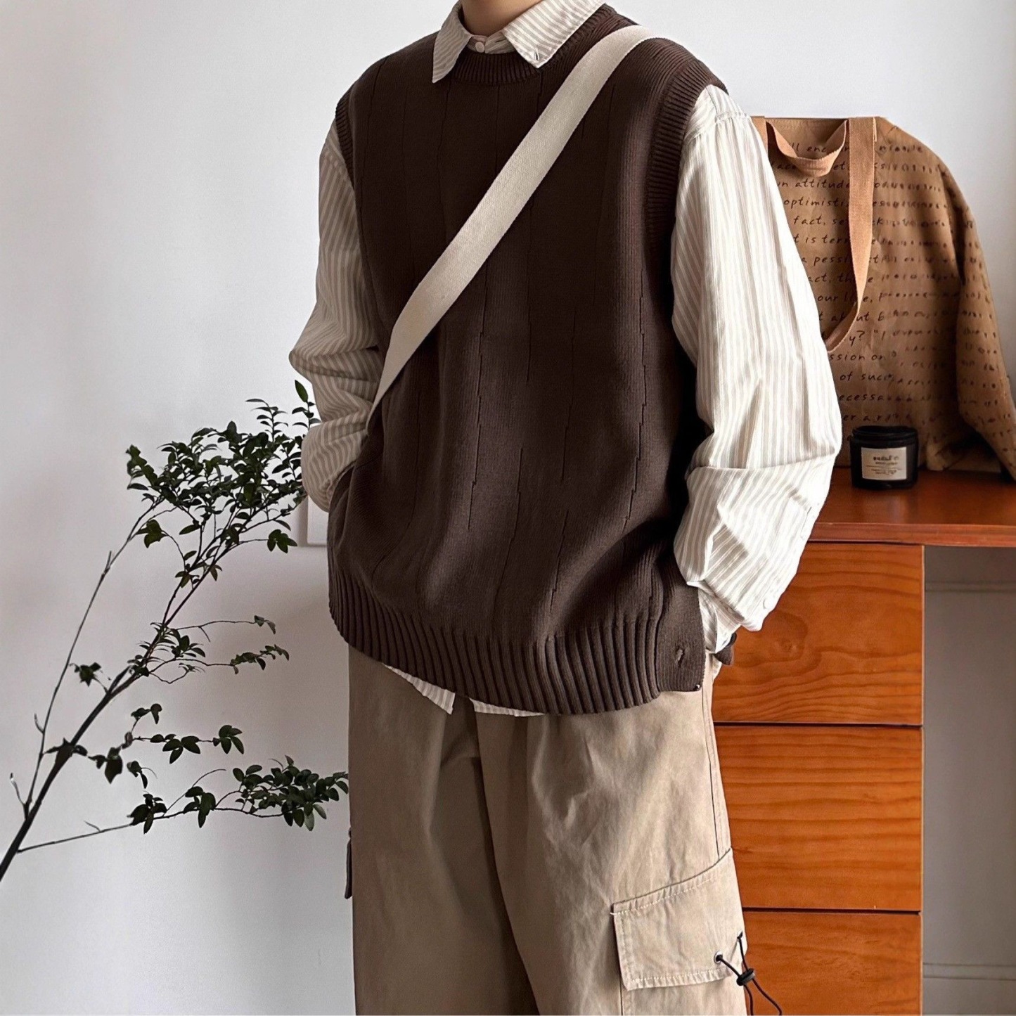 日系套裝 三件套 條文襯衫+針織馬甲+鬆緊寬鬆工裝褲｜套裝入