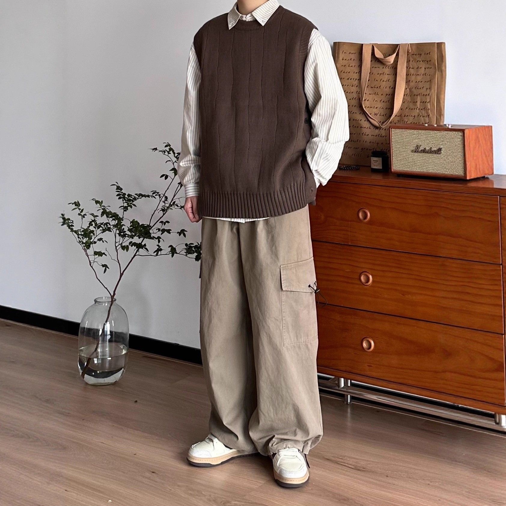 日系套裝 三件套 條文襯衫+針織馬甲+鬆緊寬鬆工裝褲｜套裝入