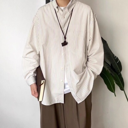 日系套裝 三件套 條文襯衫+針織馬甲+鬆緊寬鬆工裝褲｜套裝入