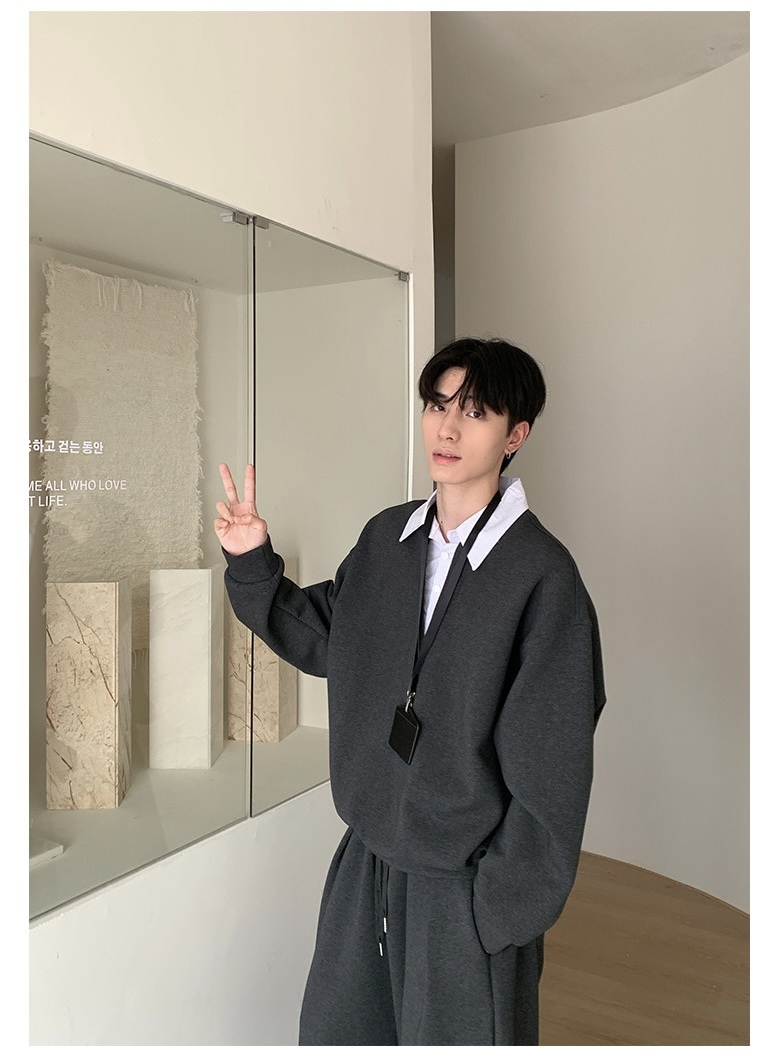 KK 假兩件翻領休閒套裝 正肩上衣假兩件+鬆緊腰運動褲｜5天出貨｜限量