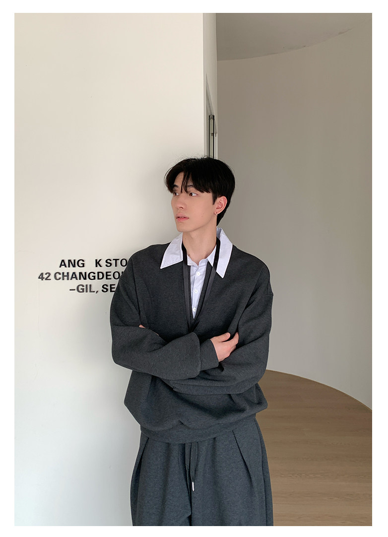 KK 假兩件翻領休閒套裝 正肩上衣假兩件+鬆緊腰運動褲｜5天出貨｜限量