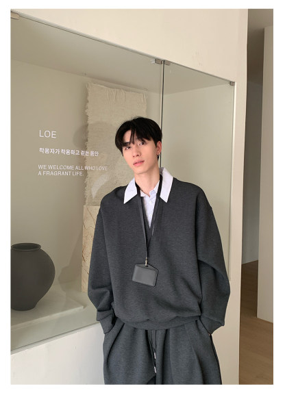 KK 假兩件翻領休閒套裝 正肩上衣假兩件+鬆緊腰運動褲｜5天出貨｜限量