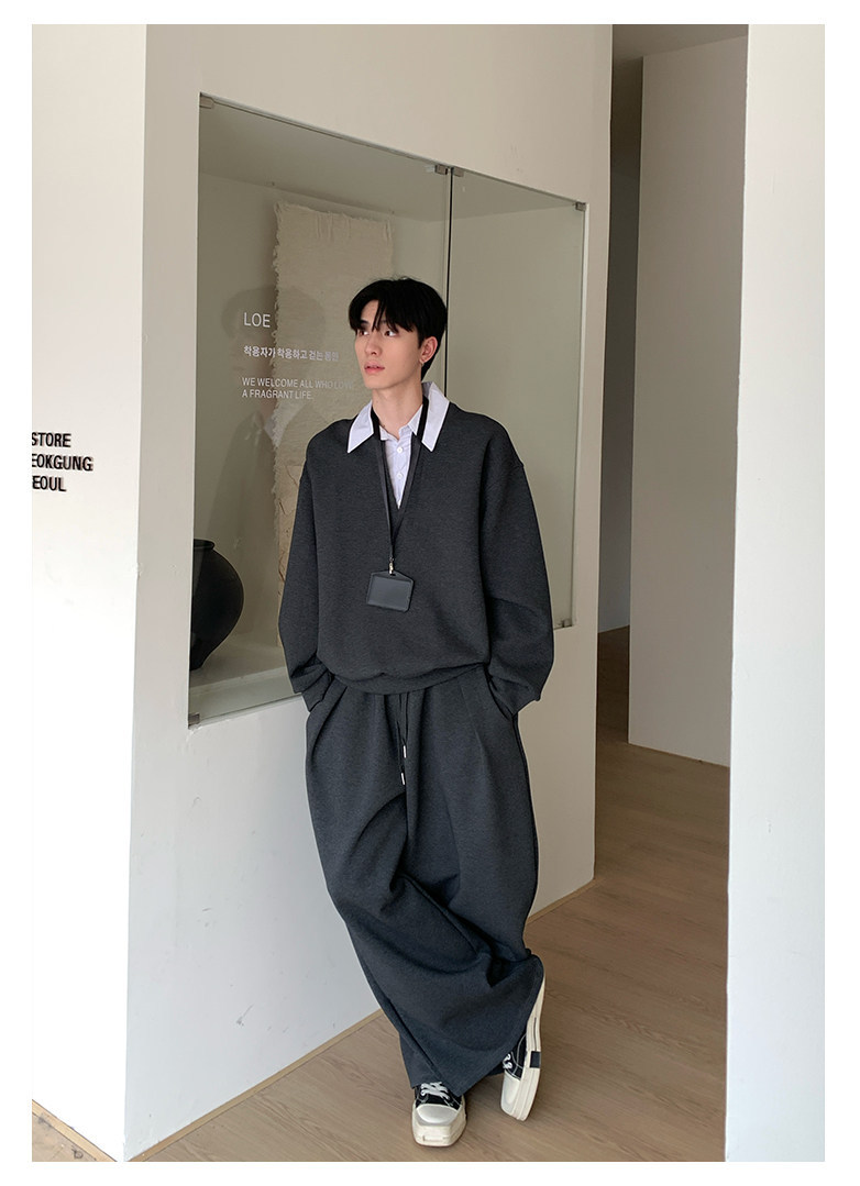 KK 假兩件翻領休閒套裝 正肩上衣假兩件+鬆緊腰運動褲｜5天出貨｜限量