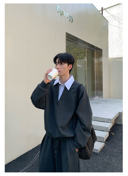 KK 假兩件翻領休閒套裝 正肩上衣假兩件+鬆緊腰運動褲｜5天出貨｜限量