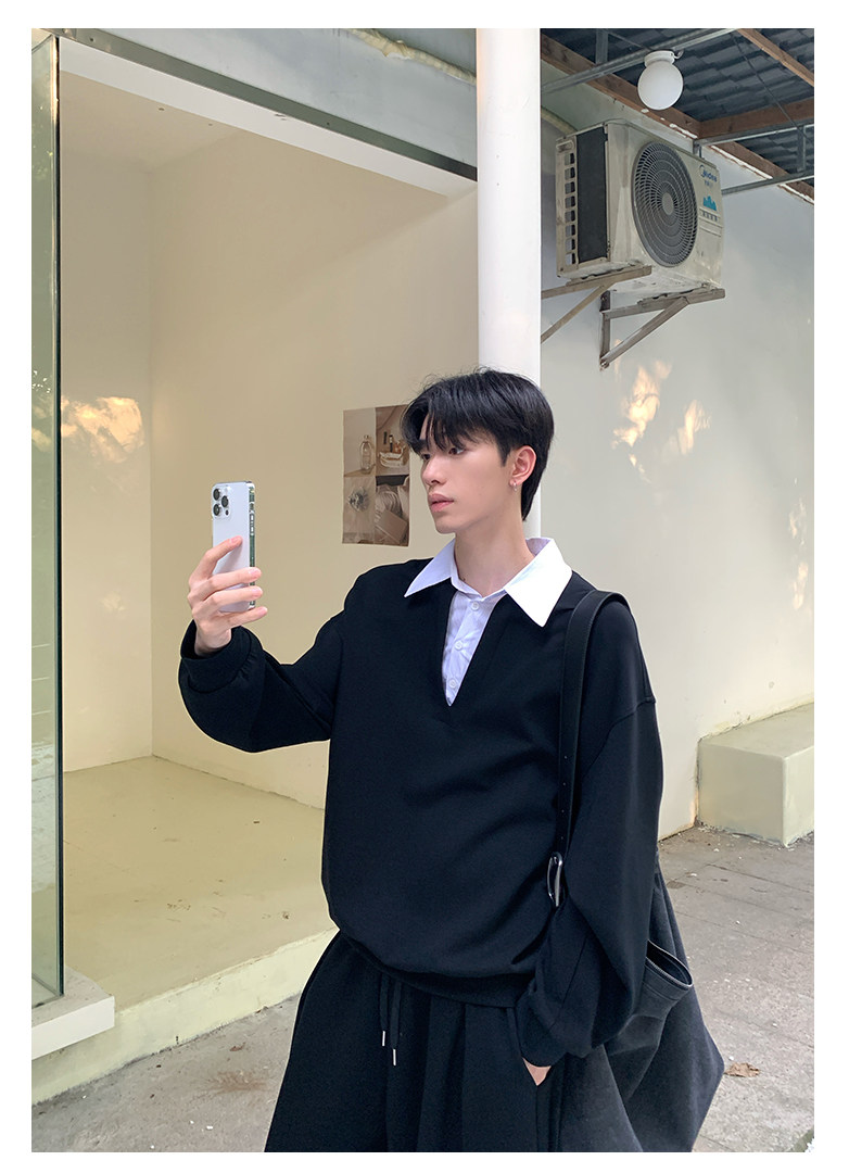 KK 假兩件翻領休閒套裝 正肩上衣假兩件+鬆緊腰運動褲｜5天出貨｜限量