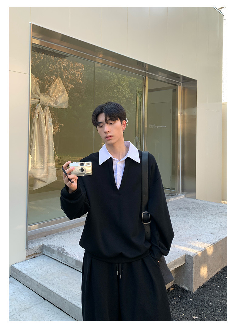 KK 假兩件翻領休閒套裝 正肩上衣假兩件+鬆緊腰運動褲｜5天出貨｜限量