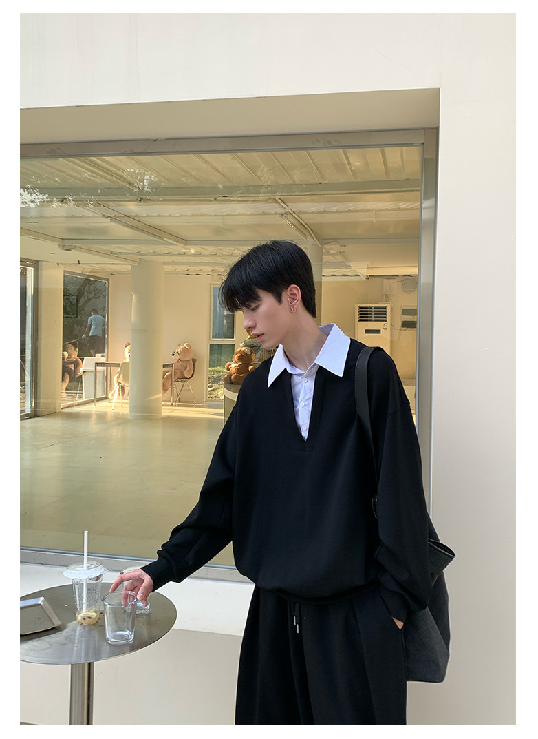 KK 假兩件翻領休閒套裝 正肩上衣假兩件+鬆緊腰運動褲｜5天出貨｜限量