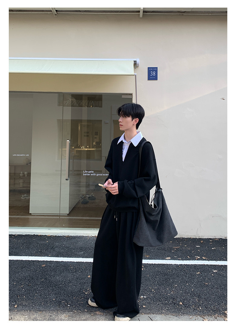 KK 假兩件翻領休閒套裝 正肩上衣假兩件+鬆緊腰運動褲｜5天出貨｜限量