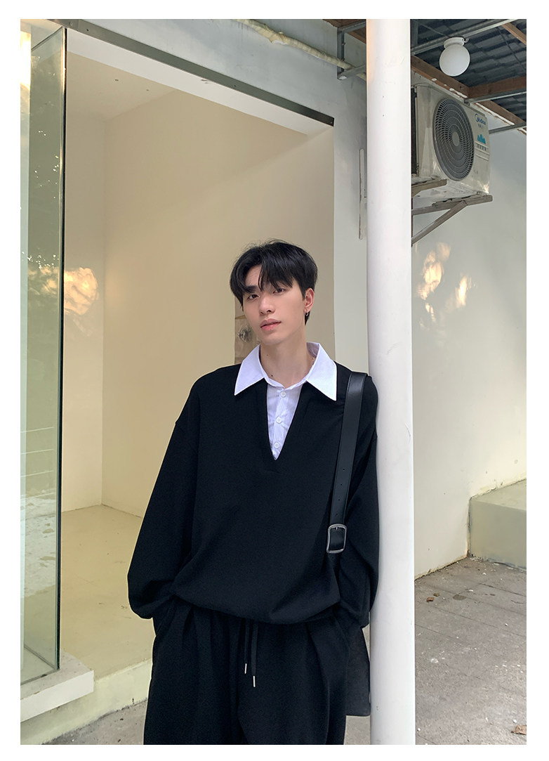 KK 假兩件翻領休閒套裝 正肩上衣假兩件+鬆緊腰運動褲｜5天出貨｜限量