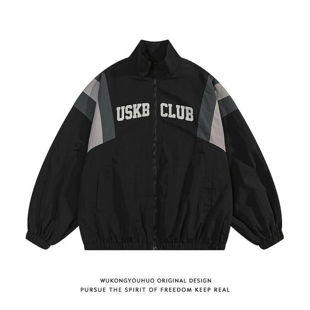 USKB 街頭復古風 拼色衝鋒衣 春秋外套 戶外風 寬鬆外套
